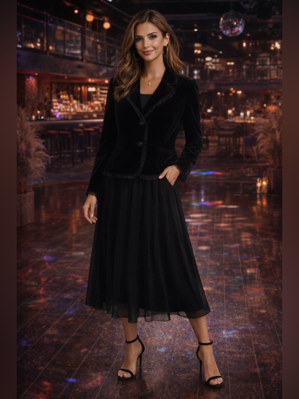 VTG Xscape Black Velvet Evening Formal Jacket Silk Ruffle Size 6 Party